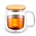 Price comparison product image Glass Coffee & Tea Cup Mug with Wooden Lid, Double Wall Borosilicate Glass Latte Espresso Mug with Insulated Handle, Dishwasher Safe, 250ml/8.5oz