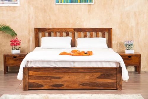 Image of Solid Sheesham Wood King Size Bed with Box Storage for Bedroom Living Room Home Hotel | Wooden Double Bed Cot Palang Furniture (Honey Finish) -1 Year Warranty