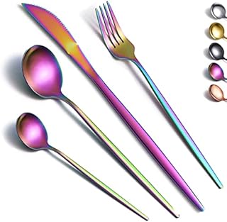Kyraton Rainbow Cutlery Set 16 Pieces, Stainless Steel Flatware Set, Titanium Plating Rainbow Silverware Set Strong Anti Rust, Dishwasher Safe, Tableware Set Serving 4 People.