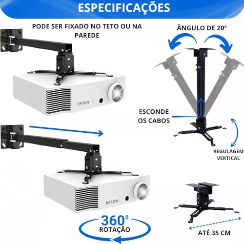 Suporte Articulado para Projetor Data Show Multimídia Universal para Teto e Parede Ajustável Giratór