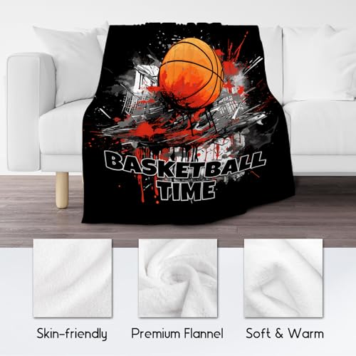 Basketball Blanket, Cozy Soft Throw Blankets for Kids, Cool Black Flannel Throw Gifts for Couch Sofa, 40x50 Inches