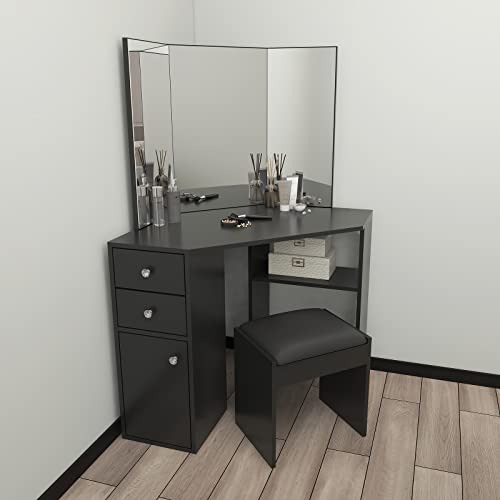 Vanity Benches, Vanity Makeup Desk With Three-Fold Mirror Wooden Bedroom Vanity Table Corner Dressing Table With Cushioned Stool (Black) #TOP5