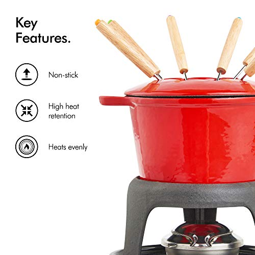VonShef Fondue Set with 6 Forks Stylish Cast Iron Porcelain Enamel Pot Makes All Styles of Fondue Such as Cheese and Chocolate 63 fl oz Capacity 12pc Set Red