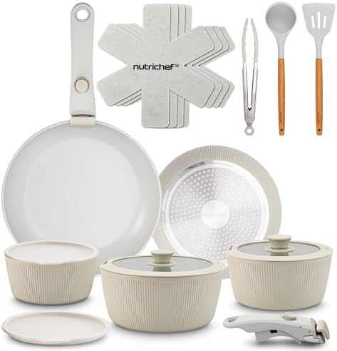 NutriChef 18-Piece Ceramic Cookware Set with Detachable Handles, ...