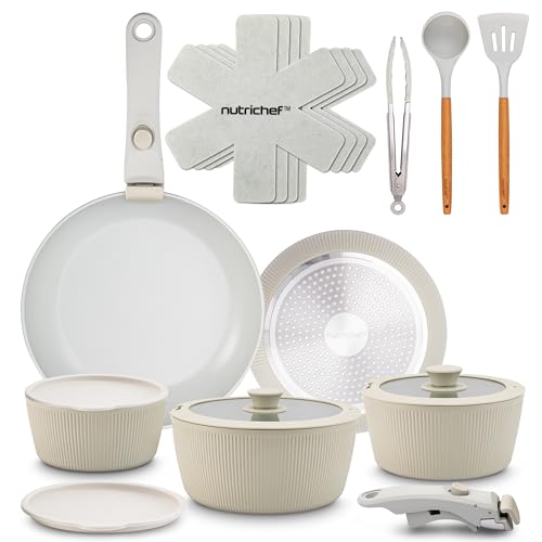 NutriChef Topfset 18 Teilig Keramik Grün mit Abnehmbaren Griffen Induktion Topf und Pfannenset Antihaft Platzsparend Stapelbar Ofenfest Alle Herdarten