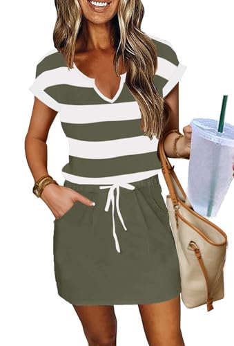 Image of SAUKOLE Women Summer T Shirt Dress Casual Short Sleeve V Neck Dress with Pockets Drawstring Waist Short Dresses