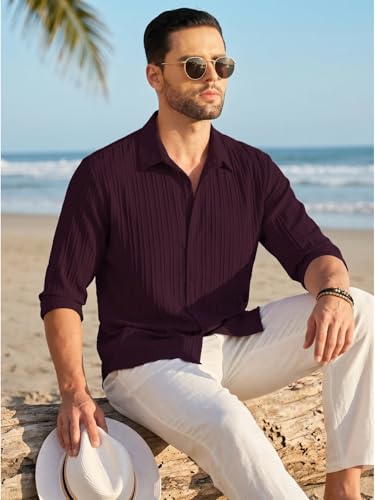 Image of DEELMO Men's Button Down Dress Shirts Textured Long Sleeve Casual Hawaiian Beach Shirt