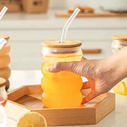 Image of ANKUL Aesthetic Round Wavy Glass Cups with Bamboo Lids & Straws - 2 Pach 510 ml for Cold Drinks, Iced Coffee, Boba (2, Zig Zag with lid)