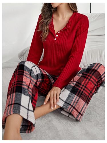 MakeMeChic Conjunto de pijama feminino, malha canelada, manga comprida, camisa de botão e calça xadr