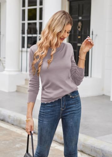 Image of GRACE KARIN Long Sleeve Fall Sweaters for Women Trendy Business Casual Tops | Fashion Clothes,Classic Pullover Shirt,Crew Neck,Scalloped,Lightweight,Soft Comfy,Fitted,Knit,Stretchy,Winter Layer Clothing