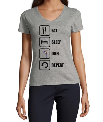 T-shirt femme Eat Sleep Duel Repeat en coton gris idéal pour les soirées jeux de société