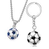 EACHAR Men's Stainless Steel Soccer Pendant Necklace 3D Soccer Football Hip Hop Jewelry Set Charm Necklace With Keychain Soccer Fan Gift for Men Women（NL000001-2） (Silver soccer)