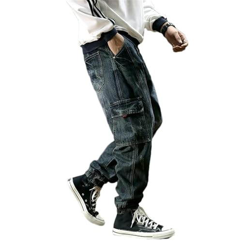 Street Mens Jeans Retro Blue Printed Big Pocket Casual Cargo Pants Hip Hop Joggers Men Ripped Trousers