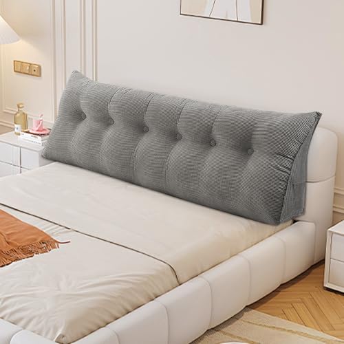 HUOLE Rückenstützkissen, großes dreieckiges Kissen für Sofa und Bett, Rückenlehne und Kopfteil, mit abnehmbarem und waschbarem Bezug, praktische Seitentasche, 180 x 50 x 20 cm, Grau