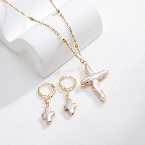 Nature Freshwater Pearl Cross Necklace Earring for Women, Gold Big Cross Pearl Necklace,Baroque Earrings (Gold)2