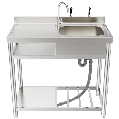 ROOMTEC 304 Stainless Steel Single Bowl Utility Sink Set, Commercial Restaurant Kitchen Sink, Outdoor Sink with Workbench & Storage Shelve with Hot and Cold Water Pipes (39 in(Right bowl))