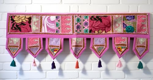 ICC valances for windows Toran Cotton Vintage Patchwork Door Hanging Valance Window Hand Embroidered Bohemian Decor Living Room Wall bedroom living room Home Handmade Decorations Pink 42 Inches
