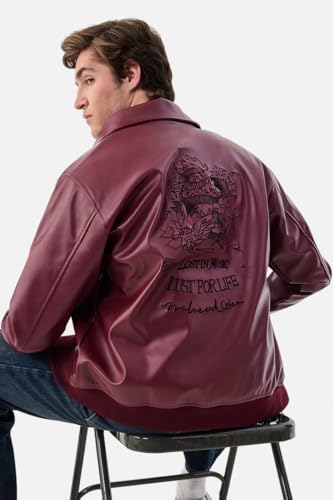 Image of SNITCH Men Streetwear Jacket| Regular Fit Full Sleeve Notch Lapel & Abstract Embroidered Back Design | Durable & Lightweight Polyester Fabric For Casual Urban Outings