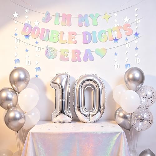 Image of 10th Birthday Decorations Silver, In My Double Digits Era Banner, Happy 10th Birthday Decorations for Girls Boys Double Digits Party Supplies Silver Number 10 Balloon Butterfly 10 Party