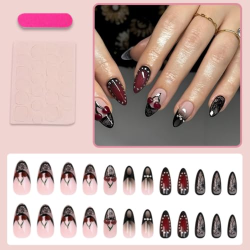 Image of Black Lace Press on Nails French Tip Fake Nails 3D Cherry Nail Press ons | with Red Ombre Design Medium Almond False Nail Reusable Glossy Full Cover Gothic Stick on Nail for Women Manicure 24Pcs