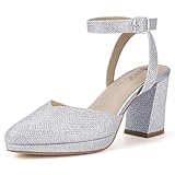 IDIFU Silver Platform Closed Toe Heels Pumps for Women Comfortable Low Chunky Block Slingback Ankle Strap Heels Dressy Wedding Bridal Party Dress Pumps Shoes Pointed Toe Heels(Silver Glitter 8 M US)