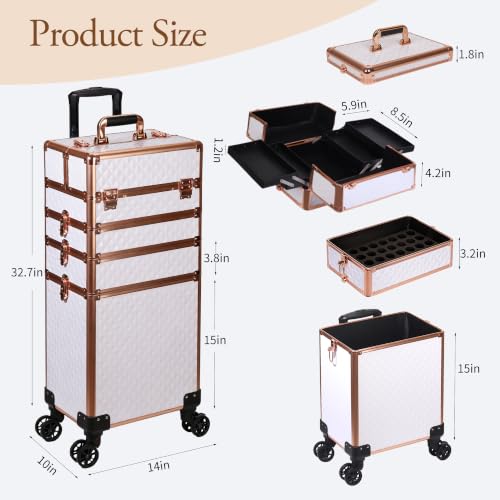 Image of 5 in 1 Rolling Makeup Train Case Professional Cosmetic Trolley Large Storage Organizer on Wheels for Hairstylist Artist Nail Beauty Salon Barber White - Gold Frame