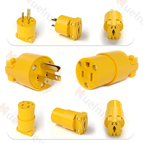 Muelnmey 5 Set Extension Cord Ends Electrical Replacement Plug & Connector Nema 5-15P & 5-15R 15A 125V Yellow Shell 2Pole 3Wire Straight Blade Plug Grounding Type,Ul Listed. #TOP5