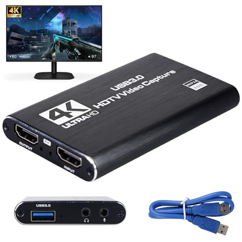 USB 3.0 Video Capture Card 4K HDMI avec boucle, 1080p 60FPS Enregistreur pour Streaming, 4K HDMI Capture, Compatible avec PS5, Xbox, Switch, Caméra, OBS, Plug...
