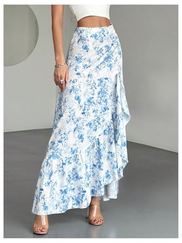 Floerns Women's Floral Maxi Skirts High Waisted Slit Tiered Ruffle Hem Long Skirts2