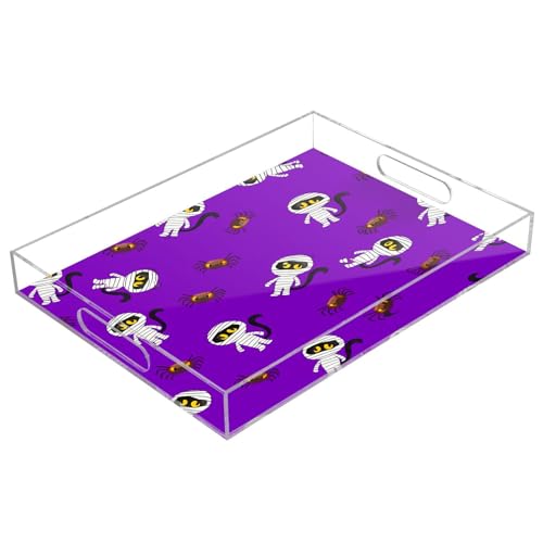 BOESI Cute Mummy and Spider Acrylic Decorative Dining Tray, Acrylic Decorative Tray Organizer with Handle for Kitchen, Dining Room, Bathroom, Dresser