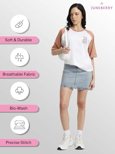 Image of JUNEBERRY 100% Pure Cotton Oversized Baggy Fit Drop Shoulder Round Neck Graphic Printed Raglan Sleeve T-Shirt for Women (Sizes: S to 2XL)