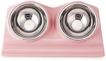 Vealind Double Pet Dog Bowl with Raised Stand, 15 Degree Tilted Non Slip Cat Food and Water Feeding Bowls (Pink)