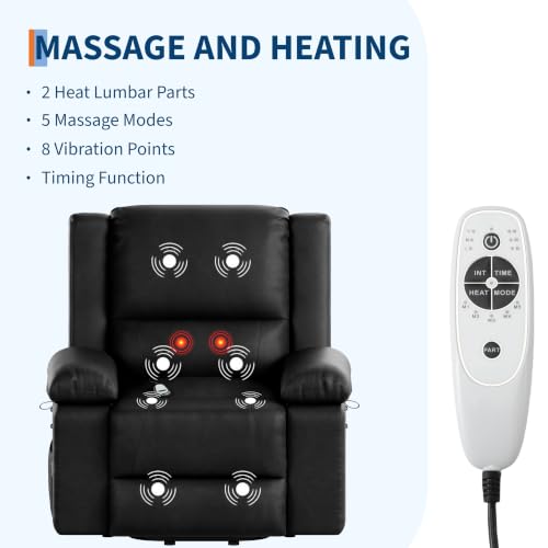 Image of Garvee Power Lift Recliner Chair - Heat and Massage, PU Leather Electric Lift Recliner for Elderly & Mobility Impaired, Reclining Sofa with Side Pocket, Soft Pillow for Living Room