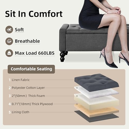 Image of 50 inch W Storage Ottoman Bench with Safety Hinge, Load up to 660 lb Ottoman with Storage, Upholstered Tufted Entryway Bench with Seating for Living Room, Bedroom, Entryway, Dark Gray