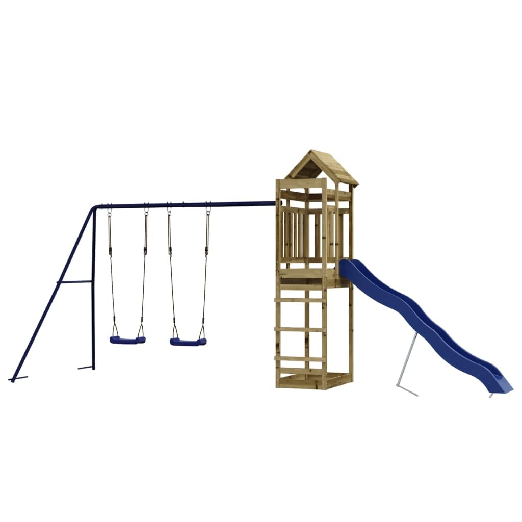 Torre giochi in legno di pino impregnato con scivolo ondulato, doppia altalena e sabbiera, piattaforma da 118 cm, parco giochi da giardino per bambini da 3 a 8 anni all'aperto