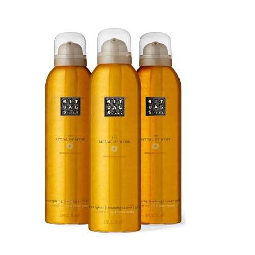 4175KYRUtgL - RITUALS The Ritual of Mehr Pack ahorro con espumas de ducha - 3 geles de ducha con naranja dulce y madera de cedro – Gel de ducha energizante – Value Pack de 3 x 200 ml