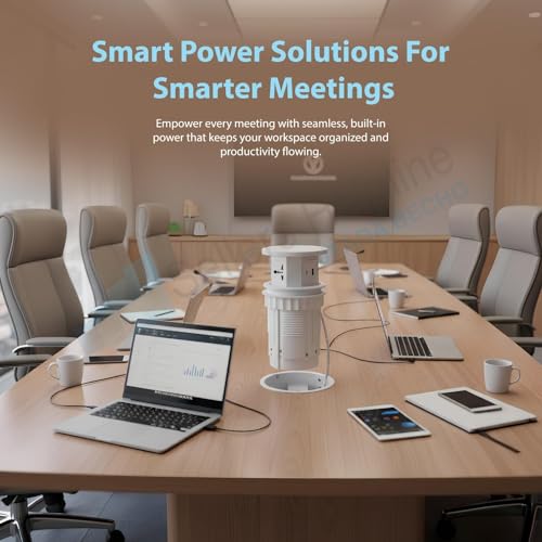 Image of Audiovan Motorized Sensor Touch Pop Up socket Pneumatic 3 Power socketsand 15 watt, 2 USB type A+C charge 15 watt Fast Wireless phone chargerfor Kitchen Counter or Conference Desk (White VMP30)