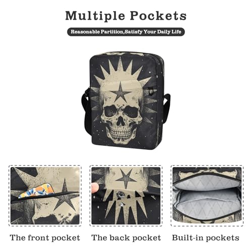 Skull with Star Sling Bag Zipper Closure Crossbody Messenger Bag with Card Phone Passport Compartment 6.6×9.4×2.5 inches2