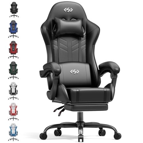HLFURNIEU Silla Gaming con Masajeador, Silla Gamer con Cojín Lumbar Masajeador y Reposapiés, Sillón Gamer Ergonómica Altura Ajustable, Cadeira Gaming Negro