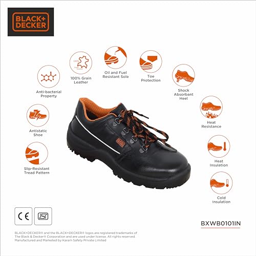 Image of BLACK+DECKER Black Grain Leather Safety Shoes for Men | Single Density | Steel Toe ||Oil, Chemical Resistant, Antislip & Sweat Absorbing | BXWB0101IN