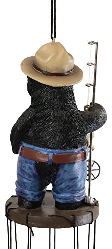 Ebros Gift Rustic Western Country Fishing Hillbilly Black Bear With Rod And Bass Figurine Crown Top Resonant Wind Chime With Miniature Ornamental Caught Fishes For Garden Patio Home Decorative Accent #TOP4