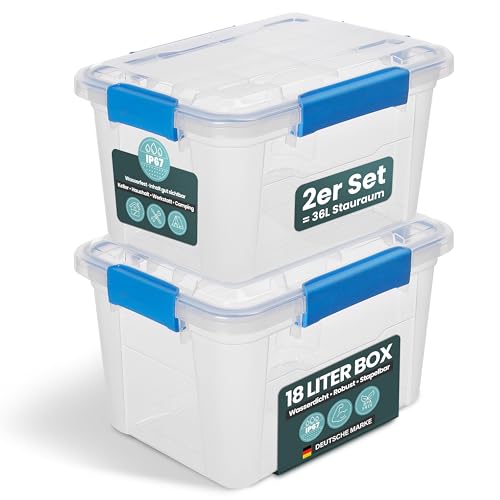 Kreher® Aufbewahrungsbox 18 Liter mit Deckel – wasserdicht & staubdicht, transparent & stapelbar, BPA- & schadstofffrei, robuste Kunststoffbox mit Silikondichtung & 4 Clips (2, 18 Liter)