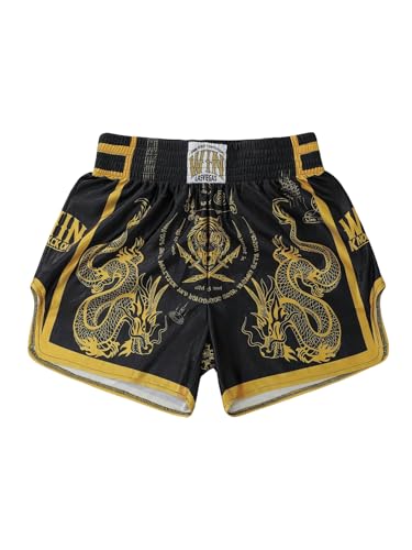 BEAUDRM Mens Muay Thai Shorts Graphic Elastic Waist Kickboxing Baggy Sport Gym Shorts Black and Yellow X-Large