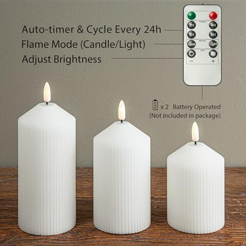 Image of LUSHARBOR Flameless Candles with Remote, 3 Pack Battery Operated Candles Flickering Real Wax LED Fake Pillar Candles with Timer for Wedding Home Party, White