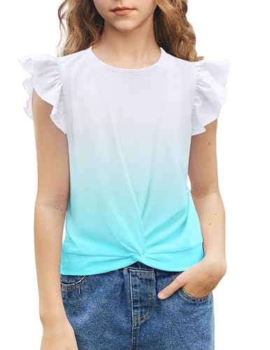 Arshiner Mädchen T-Shirts Fliegende Ärmel Freizeit Sommer Shirts Kinder Mode Rundhals Baumwolle Basic Kurzarm Tshirt für Mädchen Tie Dye （Blau Weiß） 150