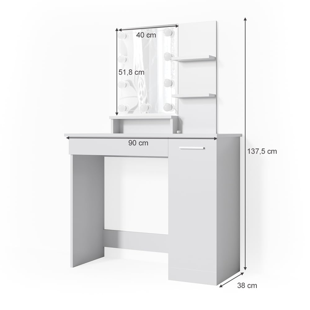 Coiffeuse Julia, Blanc, 90 cm avec miroir LED, Vicco