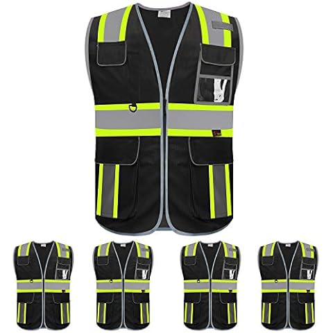 zojo High Visibility Safety Vest, 5PCS,Reflective with Multi-Functional Pockets and Zipper,for Men Women work(Black-Strip) Cover