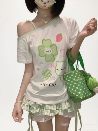 Y2K Harajuku Cartoon Print T-Shirts Gothic Women Cutecore Shirt Fashion Off Shoulder T Shirt Kawaii Sweet Girls Tees Tops3