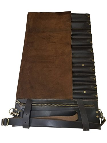 Lightweight Genuine Premium Dark Brown Leather Professional Chef Knife Bag/Chef Knife Roll With Buckles 10 Slots Space #TOP2