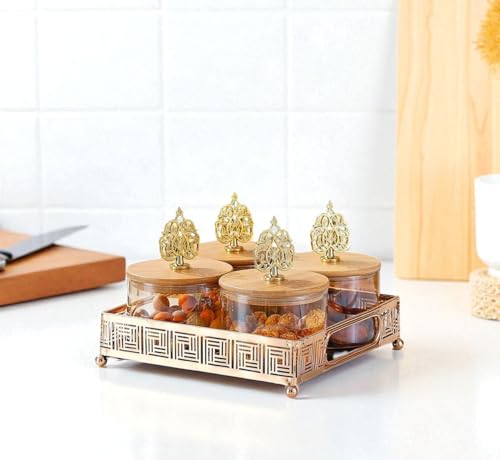 Image of Diwali Serving Tray Dry Fruit, 4 pcs Glass Container Serving Tray Set | 600 ML Each Premium Design Air-Tight Lid Snack Organizer Tray Metal Stand WoodLid